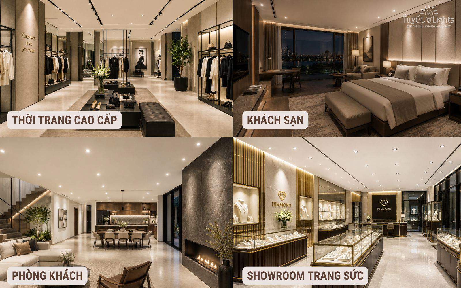 Không gian nội thất cao cấp với hệ thống đèn Tuyết Lights cho cửa hàng, khách sạn, phòng khách và showroom trang sức
